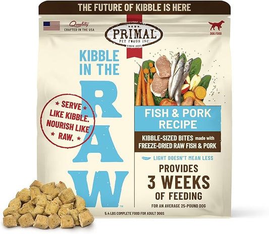 Primal Kibble in The Raw, Freeze Dried Dog Food, Fish & Pork, Scoop & Serve, Made with Raw Protein, Whole Ingredient Nutrition, Crafted in The USA, Dry Dog Food 5.4 lb Bag