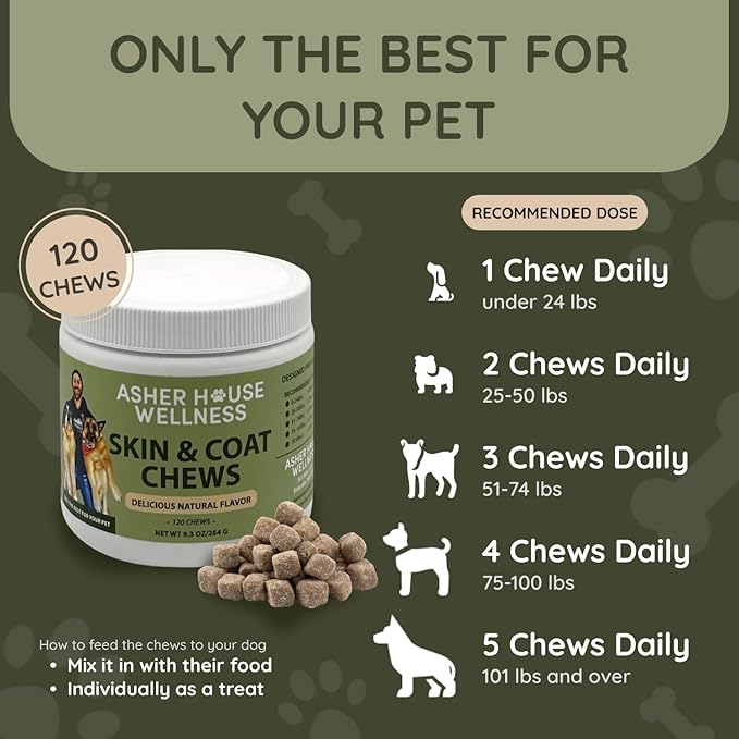 Asher House Wellness Skin & Coat Chews - Dog Itching Skin Relief with Omega 3, 6, 9, Fish Oil, Biotin - Dogs Itchy Paw Licking Chewable Treats, Puppy Dry Itch Supplement - 120 Soft Chews