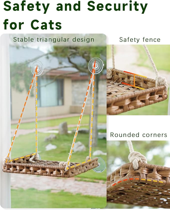 Cat Window Perch Cat Window Hammock Bed for Indoor Cats, Large Handwoven PE Rattan Window Seat, 4 Suction Cups, Double Sided Washable Cushion Bed, 2.3 Inch Fence Shelf, for Pet Kittens Natural