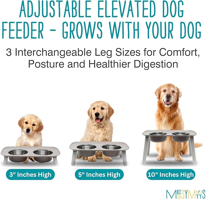 Messy Mutts Elevated Double Feeder with Stainless Bowls | Adjustable Height 3”, 5”, or 10” | Adjustable Standing Feeder for Dogs | 5 Cups per Bowl | Dark Grey
