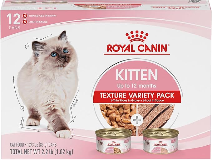 Royal Canin Feline Health Nutrition Kitten Thin Slices in Gravy and Loaf in Sauce Variety Pack Cat Food, 3 oz (Pack of 12)