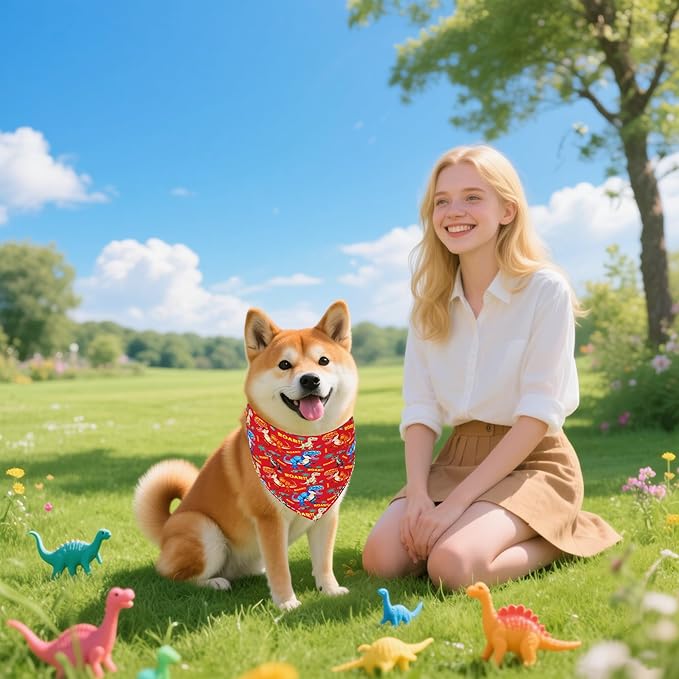 7 PCS Medium Dinosaurs Dog Bandanas Hemming Seam Edge Dog Bandana for Small Dogs Print One Side Large Cats Scarfs Party Grooming M
