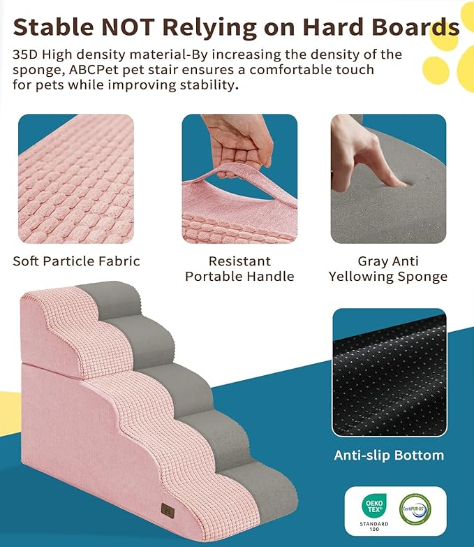 Dog Step for Bed, Dog Stair 5-Step 35D Pet Stair 22.8" H for High Bed or Sofa Non-Slip Balanced Pet Step Indoor, Pink