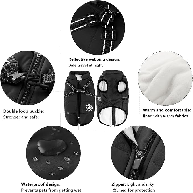 Aiboria Dog Coat for Winter Waterproof Jackets Windproof Fleece Large Dogs Vest Harness Winter Warm Padded Pet Black 4XL
