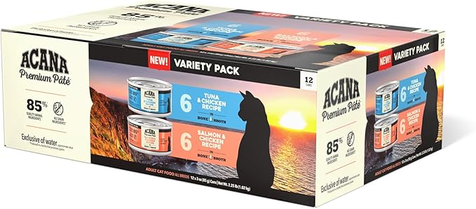 ACANA Premium Pate Wet Cat Food in Bone Broth Variety Pack: Salmon & Chicken + Tuna & Chicken Recipes 3oz Cans (12 Count, 6 of Each)