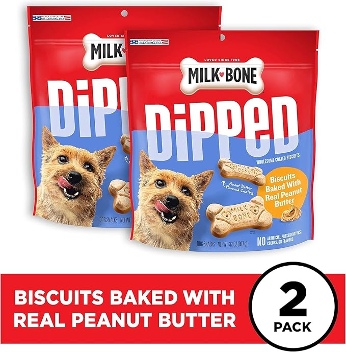 Milk-Bone Dipped Dog Treat Biscuits Baked with Real Peanut Butter, 32 Ounce (Pack of 2)