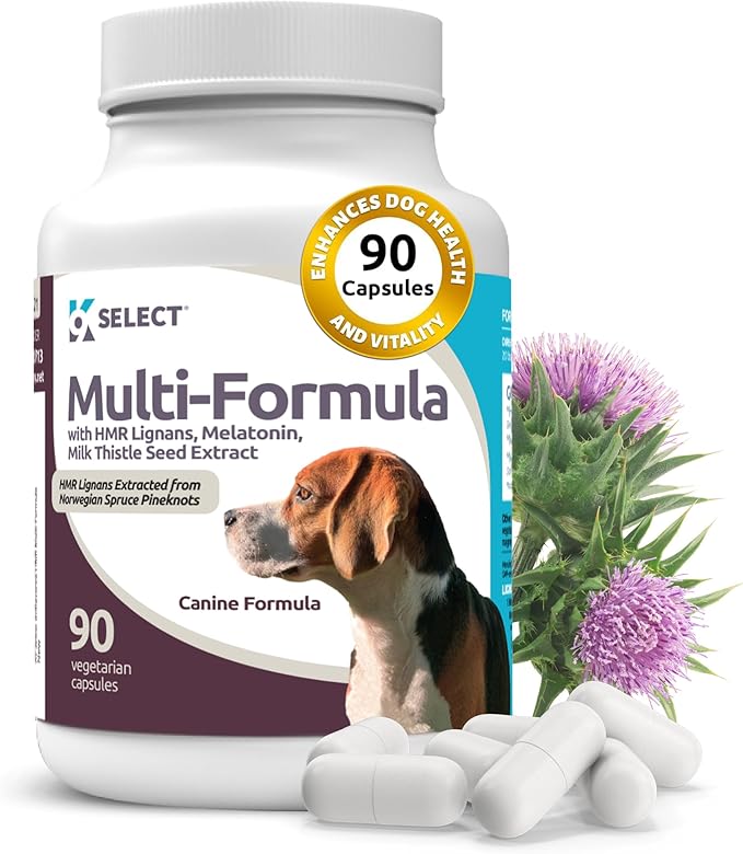 K9 Select Multi-Formula Dog Vitamins for Medium Dogs - 20mg HMR Lignans, 2mg Melatonin, 40mg Milk Thistle - Helps Heart, Liver, Digestion & Coat Health, Dog Multivitamin, 90 Capsules