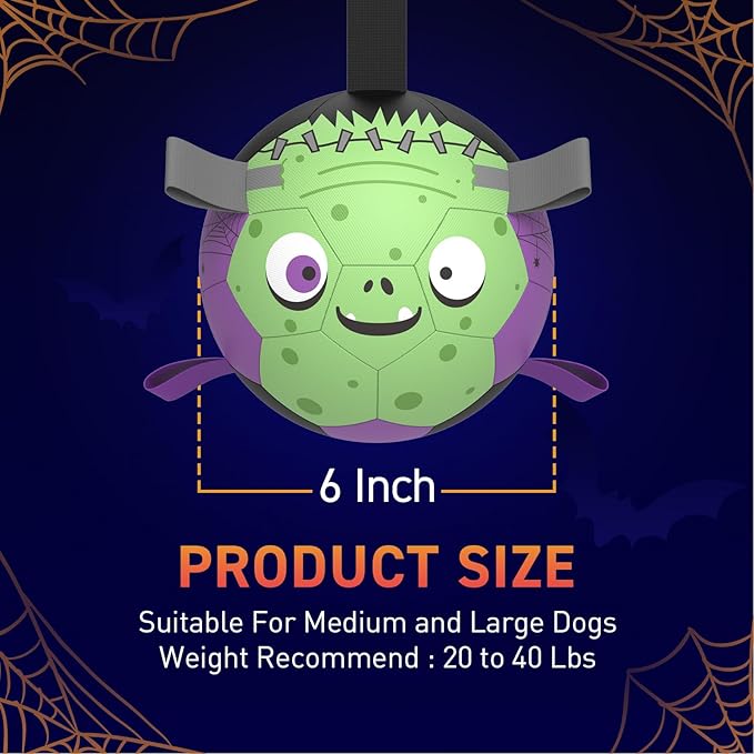 QDAN Halloween Dog Toys Soccer Ball: Premium Dog Soccer Balls with Straps- Outdoor Herding Balls Toys for Small Medium Dogs- Puppy Pet Birthday Gifts- 6 Inch Purple Green