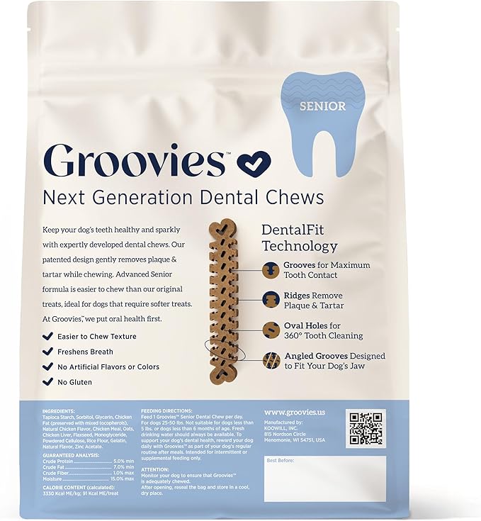 Groovies Slightly Softer, Yet Flexible Dental Chew for Senior Dogs & Delicate Chewers. Powered by USA-Patented DentalFit Tech. No Added Gluten, No Artificial Flavors or Colors. 27oz Large (27Chews)