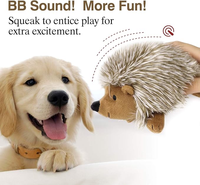 Pawaboo Plush Dog Toy, Non-Toxic Super Soft Faux-Fur Hedgehog Dog Toy Squeak Aninal Toy Stuffed Biting Training Playing Toys for Dog Puppy, Brown