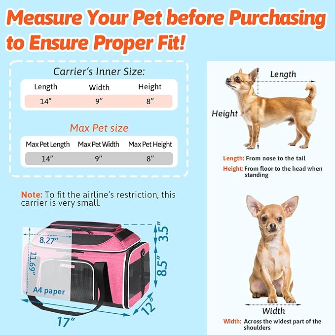 Petskd Top-Expandable Pet Carrier 17x12x8.5 Inches JetBlue Allegiant Spirit Airline Approved, Soft-Sided Carrier for Small Cats and Dogs with Locking Safety Zippers and Anti-Scratch Mesh(Pink)
