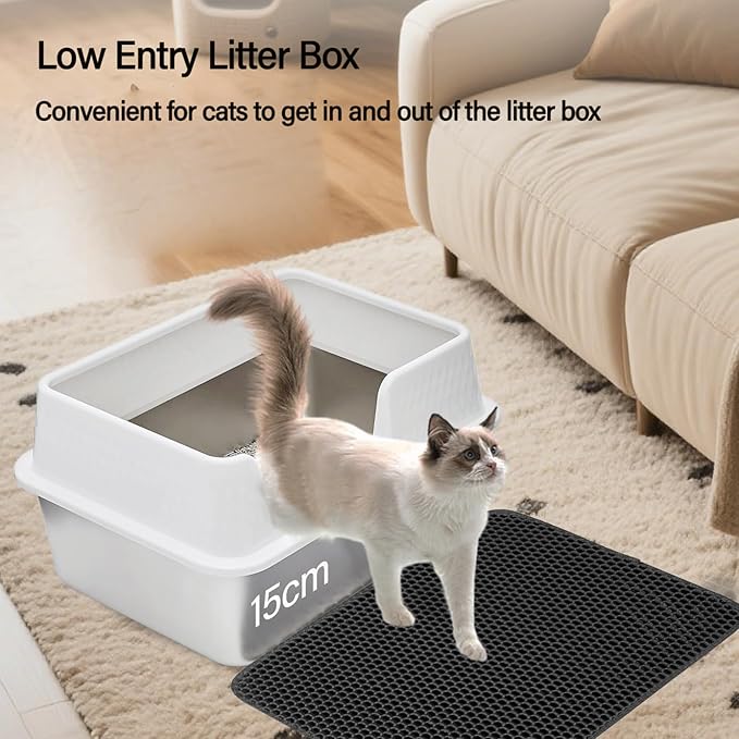 Enclosed High Sided Metal Stainless Steel Cat Litter Box with lid Scoop and Mats for Kittens or Medium Cats, Easy Clean White Deep Tall Kitty Litter Box