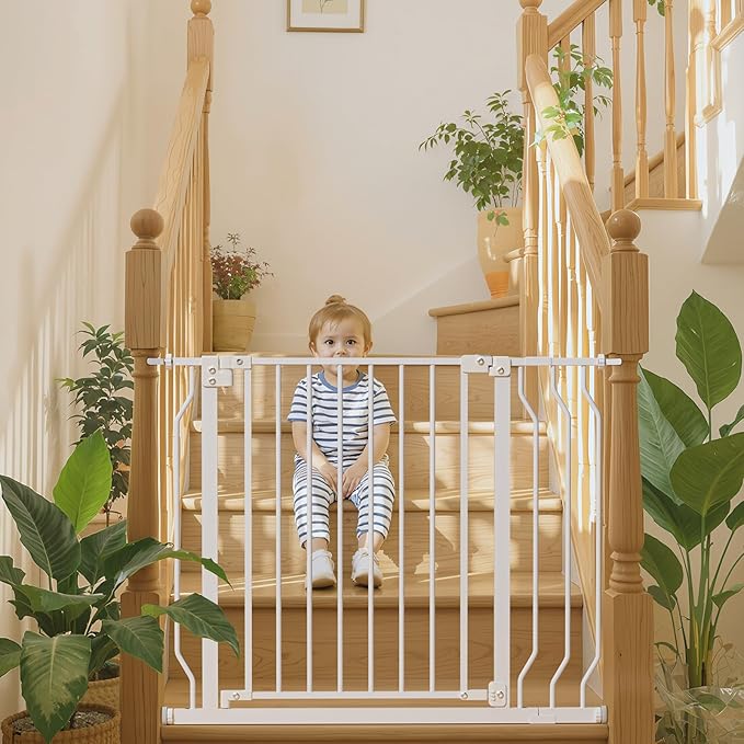 29-48" Baby Gate for Stairs, Baby Safety Essentials, Auto Close Gate for Doorways, Easy Install Pressure Mounted Dog Gate Indoor, Pet Gates for Dogs, White