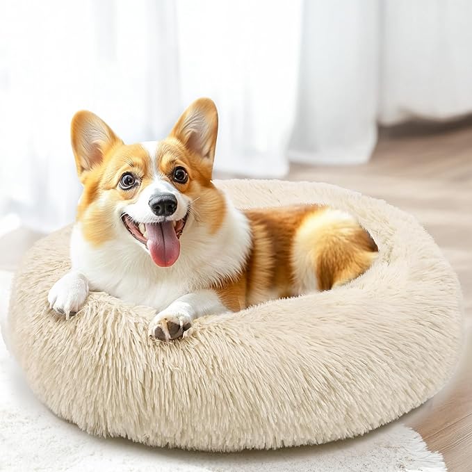 28in Large Dog Bed, Medium Size Dog and Cats, Calming Donut Bed for Puppy and Kitten, Washable Round Fluffy Pet Bed (Light Brown)