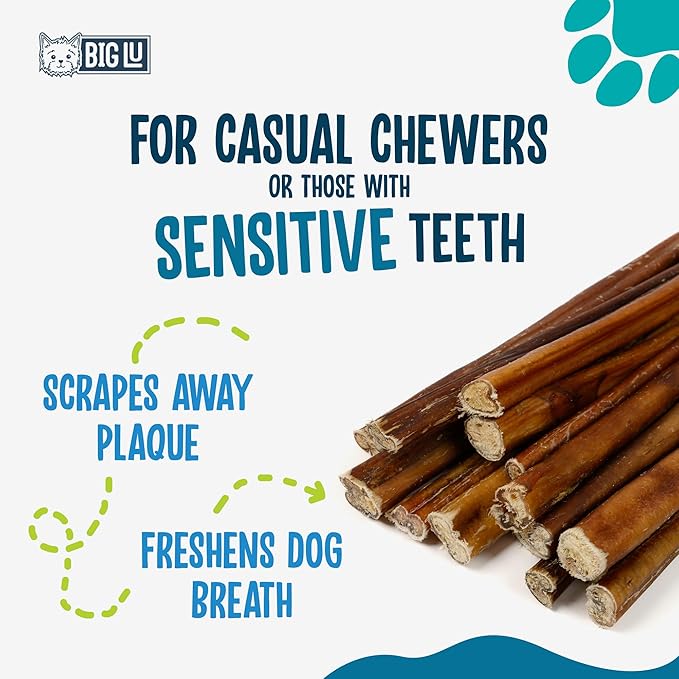 Big Lu - 6” Regular Bully Sticks, 12 Count, 100% Grass-Fed Beef Chews, Fully Digestible, Long-Lasting Treats for Aggressive Chewers, Natural Single-Ingredient Chews for Puppies and Small Dogs