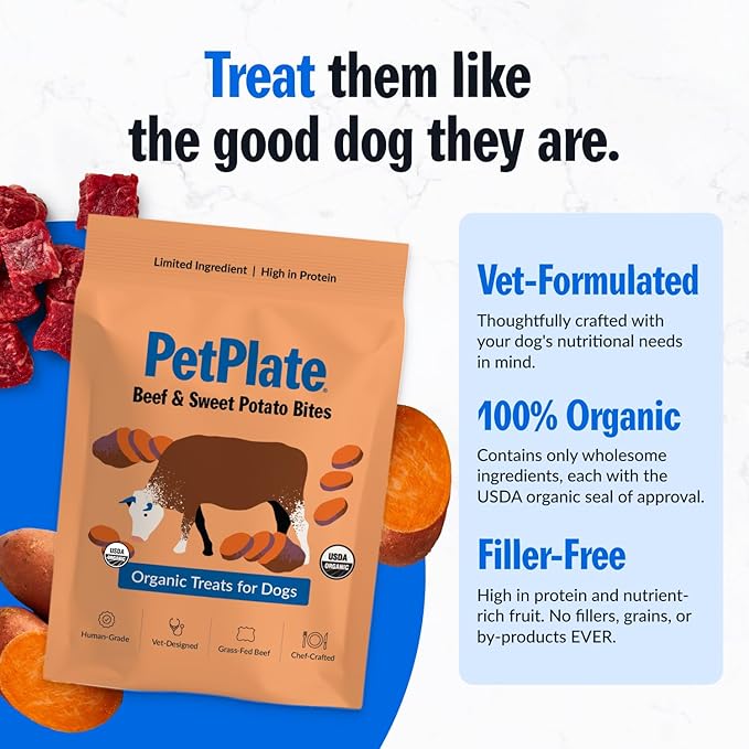 PetPlate Beef and Sweet Potato Bites, Human Grade Dog Treats, All Life Stages, Grain-Free, Organic and Real Ingredients, High Protein, Healthy Snacks (Pack of 1, 4.5 Ounce)