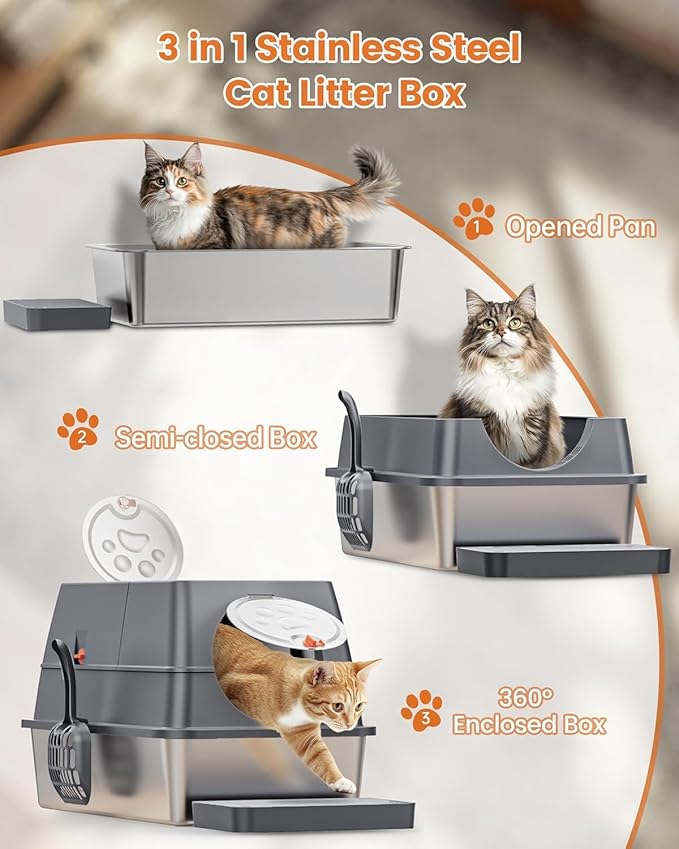Stainless Steel Litter Box with Lid Large Enclosed High Sided Covered Metal Steel Cat Litter Box with Steps Scoop, Easy Cleaning, Odor Control, Front Entry Top Exit