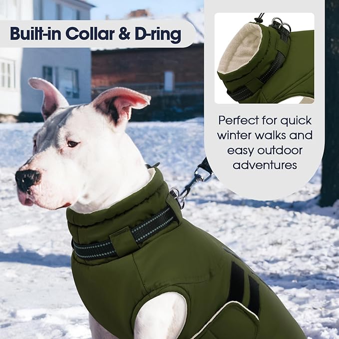 IECOii Waterproof Dog Coat for Medium Dogs, Reflective Dog Jacket with Collar Built in, Thick Fleece Dogs Coat for Winter Easy On Hook & Loop Pet Snowsuit for Hunting, Hiking, Camping, Army Green - L