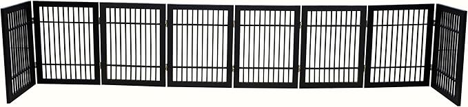 Pet Dog Gate Strong and Durable Freestanding Folding Acacia Hardwood Portable Wooden Fence Indoors or Outdoors by Urnporium (Black Pet Gate, 8 Panel 24" Tall)