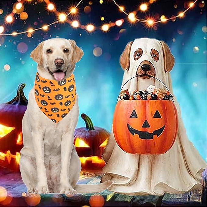 Halloween Dog Bandanas Large 2PCS, Reversible Triangle Dog Scarfs with Pumpkin, Spide, Bat, Ghost, Fall Puppy Bandanas Bib Handkerchief for Boy and Girl, Holiday Bandanas