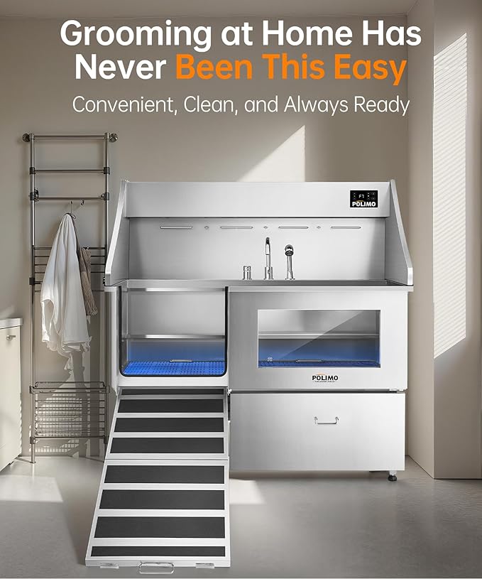 POLIMO Dog Wash Station with Pet Dryer & LED, Professional Dog Bathing Station for Large, Medium & Small Dogs – with Window, Ramp, Drawer, Floor Grate, LED Display & Faucet (Left RAMP & Dryer, 61")