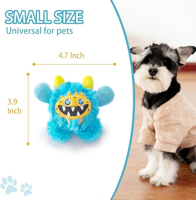 Plush Squeaky Dog Toy Ball, Chew Guard, Soft and Comfortable, Training and Companionship, Little Monster Puppy Toys Suitable for All Breeds, (Blue, Small)