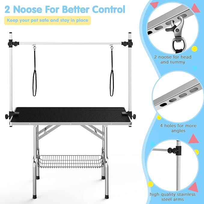 46''Large Dog Grooming Table, Adjustable Cat Drying Desktop with Arms, Nooses, Mesh Tray, Foldable Pet Station at Home, Maximum Capacity Up to 330Lb, 46inch, Black, 46in
