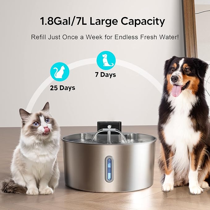 Voluas Dog Water Fountain, Automatic Water Dispenser for Dogs, 236oz/1.8Gal/7L Wireless Stainless Steel Pet Fountains, Battery Operated Cat Dispenser with Ultra-Silence Pump