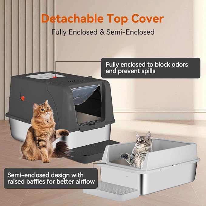 Enclosed Stainless Steel Cat Litter Box with Lid, Front & Top Flap, 180° Flip-top Design, Extra Large Metal Cat Litter Box with Scoop & Filter Pedal,Odor-Resistant (Dark Gray)