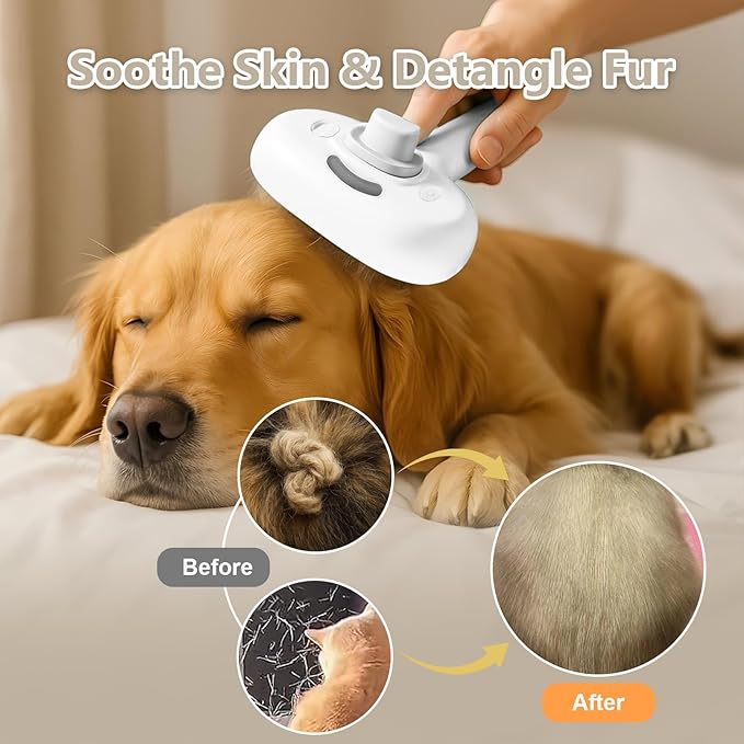 ‌3-in-1 Pet Steam Brush with Self-Cleaning & Cool Mist‌ – Portable Grooming Tool for Cats & Dogs, Long-Lasting Shedding Control & Detangling, Refillable Water Tank & Fast Charging