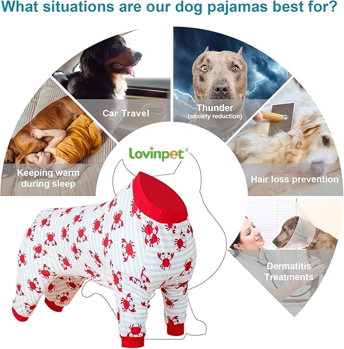 LovinPet Dog Sweatshirts for Large Dogs, Anxiety Calming Dog Pajamas, Light Blue Stripe Whale, Crab Print, Onesies for Dogs, Pitbull Clothes,Pajamas for Pitbulls, Medium