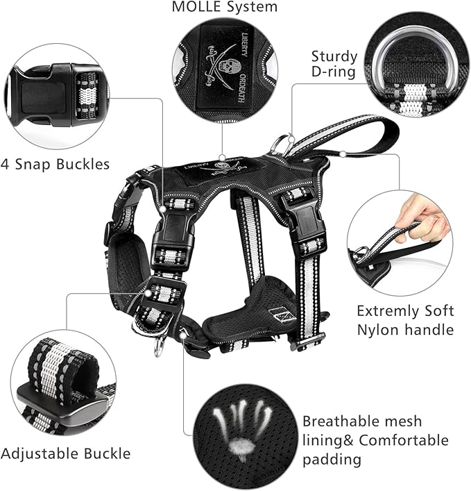 WINSEE Pet Harness Collar and Leash Set, All-in-one Reflective Dog Harness No Pull with Adjustable Buckles for Puppies, Small, Medium, Large, and Extra-Large Dogs (Large, Black)