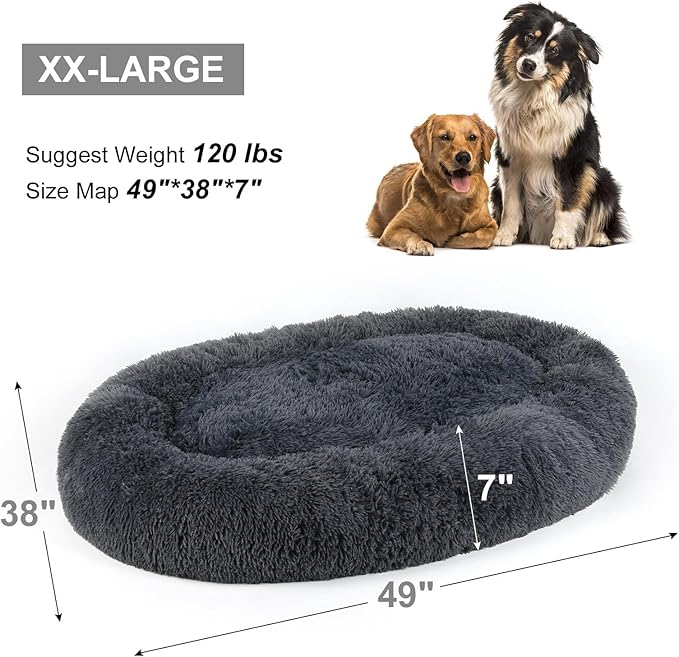 Dog Bed, Cat Calming Bed, Faux Fur Pillow Pet Donut Cuddler Round Plush Bed for Large Medium Small Dogs and Cats (Dark Grey, 49.0" L x 38.0" W x 7.0" Th)