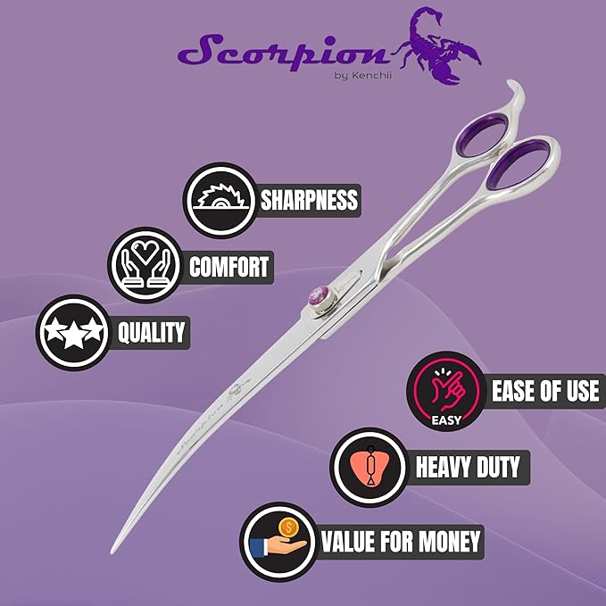 Kenchii Scorpion 9 Inch, Curved Grooming Scissors for Dogs and Pets - Premium Steel Scissors for Dog Grooming - Dog Shears Pet Grooming Accessories - Pet Hair Trimming Scissor