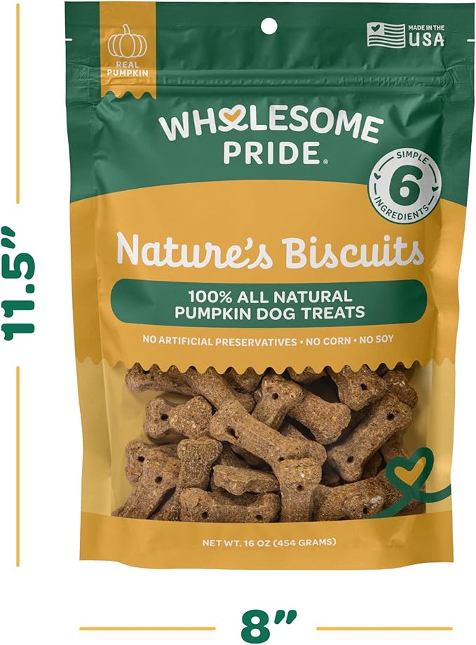 Wholesome Pride Nature’s Biscuits Pumpkin Dog Treats - Crunchy, Natural, Limited‑Ingredient, Grain‑Inclusive Recipe with Fiber‑Rich Pumpkin - Mini Bone‑Shaped Treats - 16oz Bag
