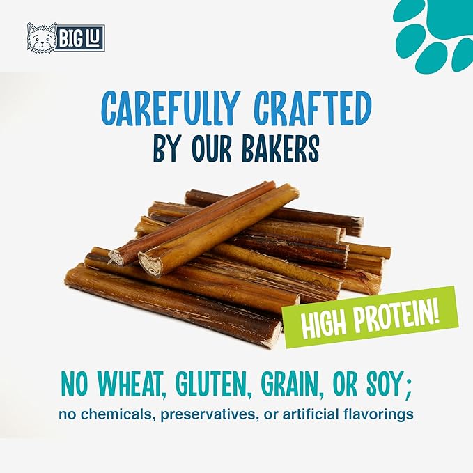 Big Lu - 6” Regular Bully Sticks, 12 Count, 100% Grass-Fed Beef Chews, Fully Digestible, Long-Lasting Treats for Aggressive Chewers, Natural Single-Ingredient Chews for Puppies and Small Dogs