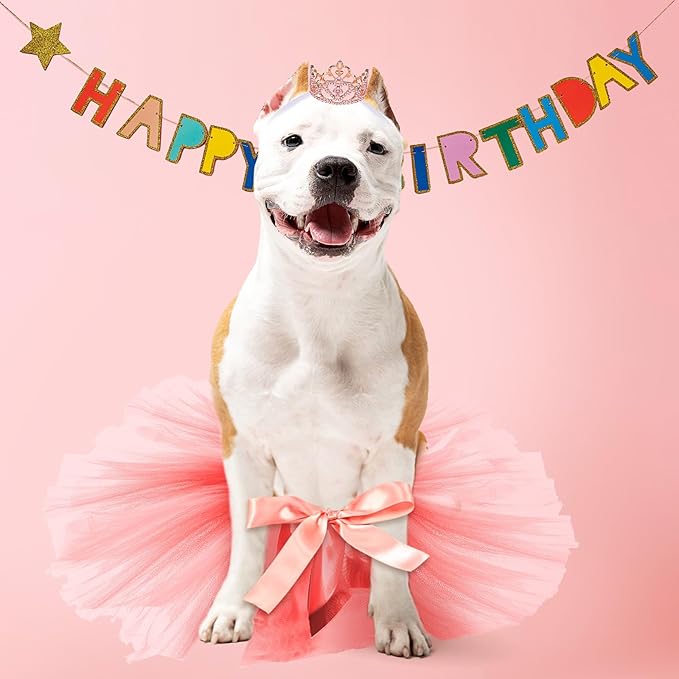 2 Pcs Dog Crown Headband Dog Tutu Dress Set Crystal Rhinestone Tiara Crown Tutu Skirt Pet Dress Costume for Puppy Birthday Party Wedding Photo Prop Costume(Dusty Pink,X-Large)