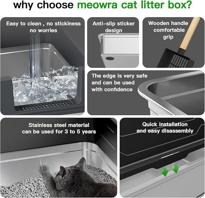 XXXL Stainless Steel Litter Box, Extra Large Cat Litter Box for Large Cats & Multi-Cat Homes, Leak-Proof with High Walls & Non-Slip Base - 28"x20"x12"