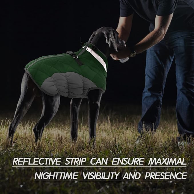 FUAMEY Dog Coat for Large Dogs,Waterproof Dog Winter Jacket with Harness Built in Puppy Cold Weather Coats Reflective Pet Vest with Zipper Warm Fleece Dogs Snowsuit Windproof Green L