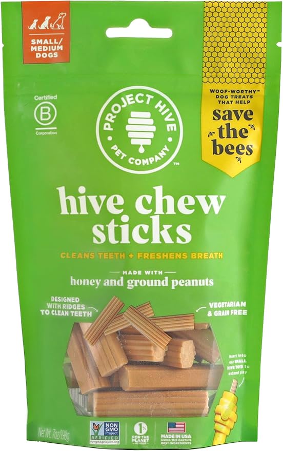 Hive Chew Stick Treats for Small Dogs — Healthy, Non-GMO Project Verified, Natural Peanut Butter Flavored, Natural, Vegetarian Chews, Made in The USA (Chew Sticks, Small Breeds)