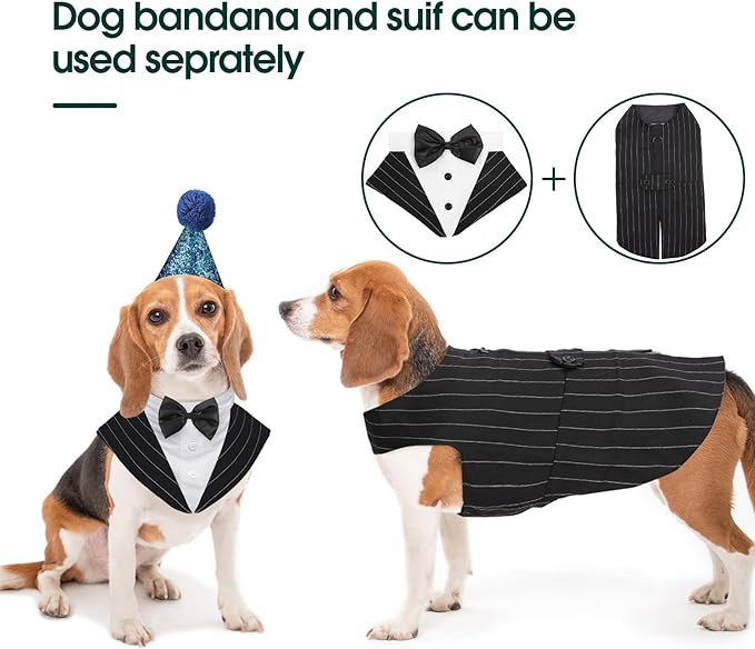 Kuoser Dog Tuxedo Dog Suit and Bandana Set, Dogs Tuxedo Wedding Party Suit, Doggy Prince Bow Tie Shirt Formal Pet Wedding Attire for Large Medium and Small Dogs Golden Retriever Samo Bulldogs