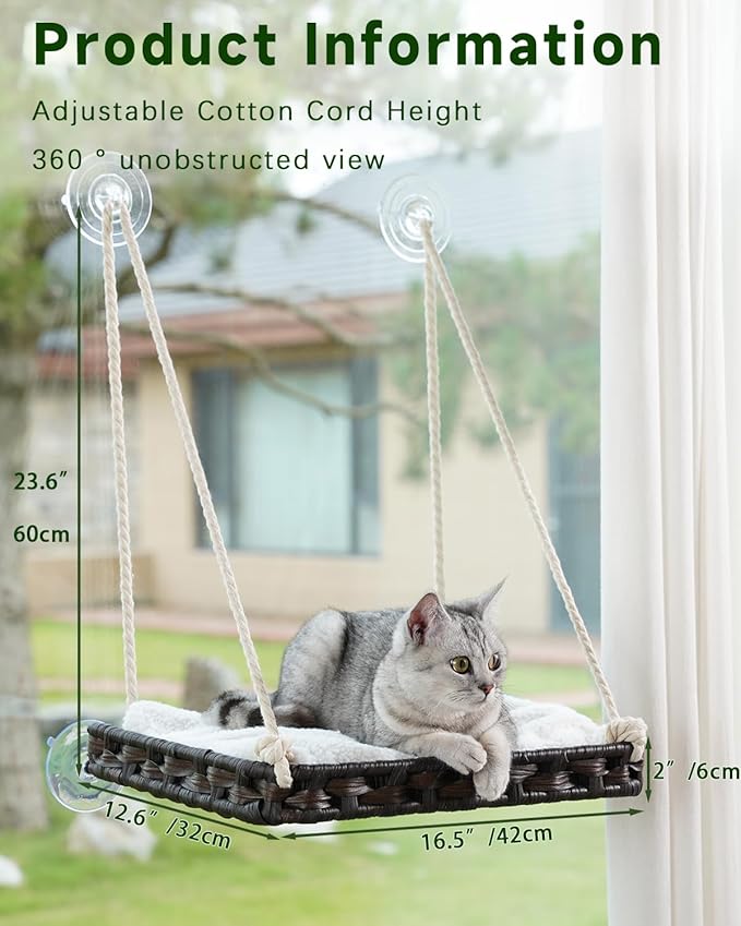 Cat Window Perch, Cat Window Hammock Bed for Indoor Cats, Large Handwoven PE Rattan Window Seat, 4 Suction Cups, Double Sided Washable Cushion Bed, 2.3 Inch Fence Shelf, for Pet Kittens Brown