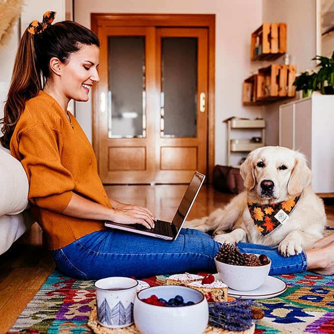E-Clover Fall Dog Bandana & Scrunchie Set - Thanksgiving Pet Scarf Kerchief Bibs for Medium Large Dogs - Maple Leaves