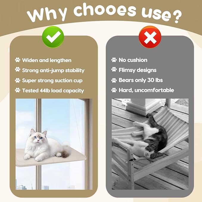 Cat Window Perch, Hanging Cat Hammock for Window, Foldable Cats Windows Bed with 4 Suction Cup, Windows Hammock for Cats Inside Perch Hold up to 44 Pounds Two Pets (Khaki, L)