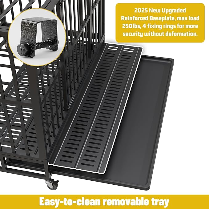 Escape-Proof Heavy Duty 42" Dog Crate, Indestructible Steel Kennel for Large & High-Anxiety Dogs with 300Lbs Capacity, Double Door Design with 4 Locking Wheels and Reinforced Baseplate.