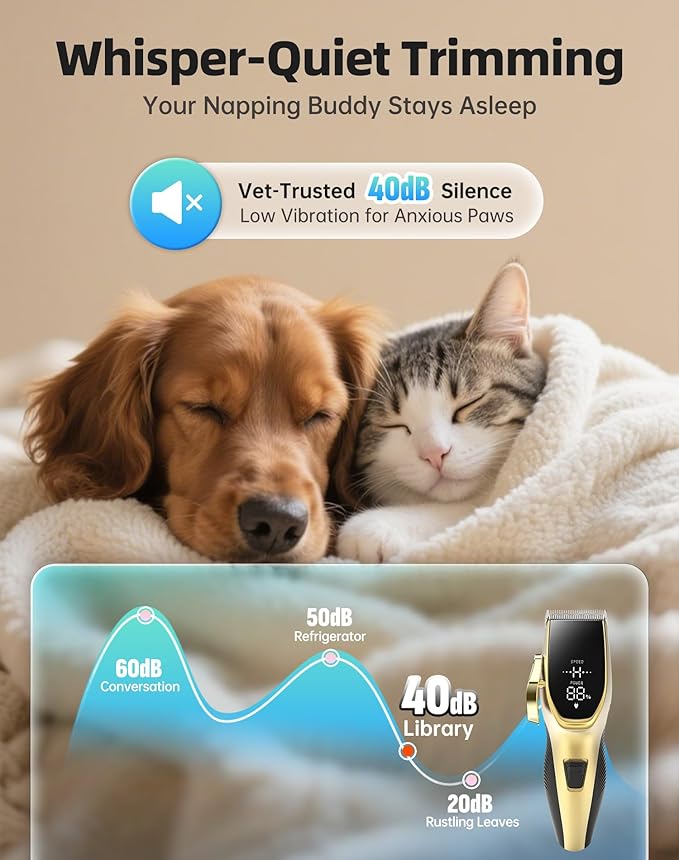 Dog Grooming Kit Low Noise，Cordless 4 in 1 Dog Clippers for Grooming Rechargeable Pet Cat Hair Trimmer with 2 Speed,6 Guards,Scissors,Comb for Small Medium Large Pets Dogs Cats Hair Cutting Gold