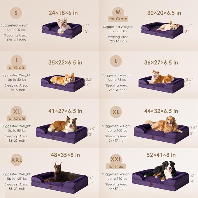 EHEYCIGA Orthopedic XL Dog Beds, Waterproof Memory Foam Dog Bed for Extra Large Dogs, Non-Slip Bottom and Egg-Crate Foam Big Pet Couch Bed with Washable Removable Cover, Purple
