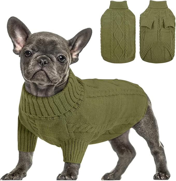 Queenmore Small Dog Pullover Sweater, Cold Weather Cable Knitwear, Classic Turtleneck Thick Warm Clothes for Chihuahua, Bulldog, Dachshund, Pugl,OliveGreen,S