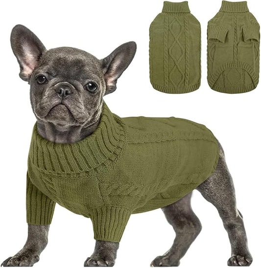 Queenmore Small Dog Pullover Sweater, Cold Weather Cable Knitwear, Classic Turtleneck Thick Warm Clothes for Chihuahua, Bulldog, Dachshund, Pugl,OliveGreen,S