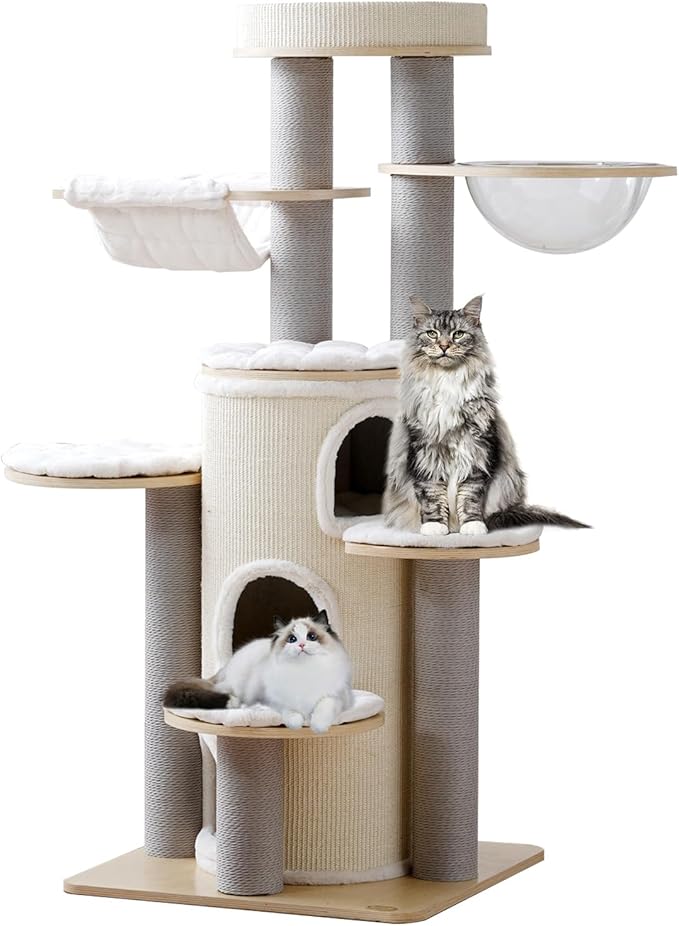63'' Tall Castle Cat Tree House for Maine Coon,Solid Wood Modern Cat Tower for Indoor Large Cats,Multi-Level Heavy Duty Luxury Cat Condo with Sisal Scratching Post,Perch,Cushion,Hammock for Mult-Cats